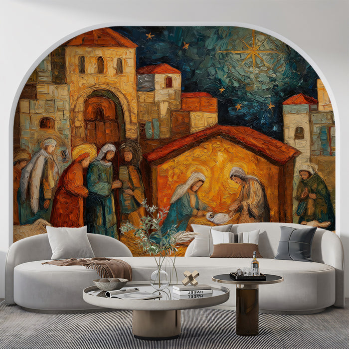 Impressionist Nativity Scene Mural Wallpaper | Oil Painting Style, Warm Colors, Historical Setting