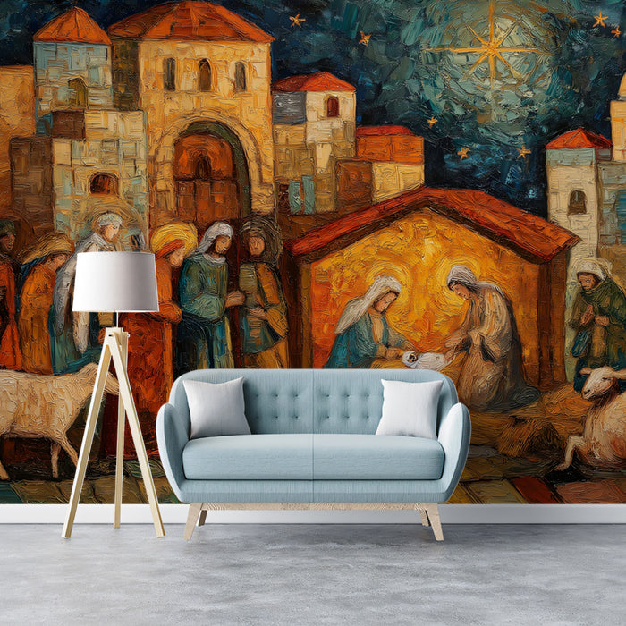 Impressionist Nativity Scene Mural Wallpaper | Oil Painting Style, Warm Colors, Historical Setting