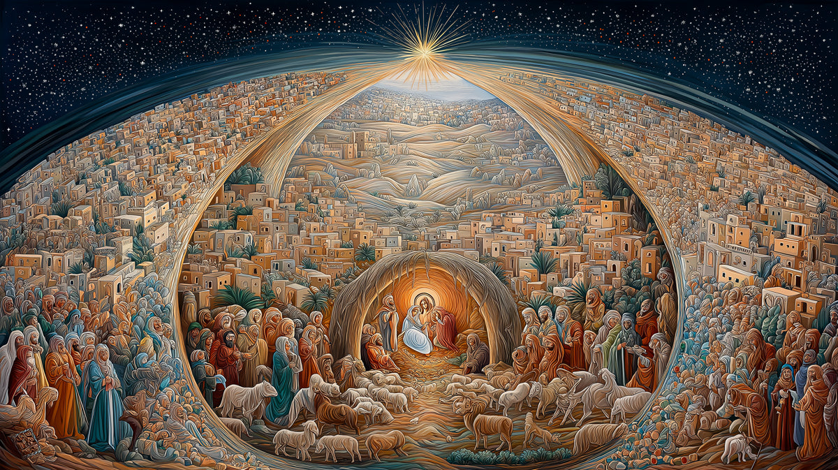 Panoramic Nativity Mural Wallpaper | Curving Composition, Grand Scale, Highly Detailed Town