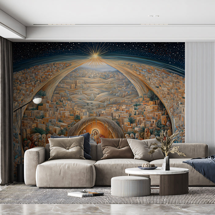 Panoramic Nativity Mural Wallpaper | Curving Composition, Grand Scale, Highly Detailed Town