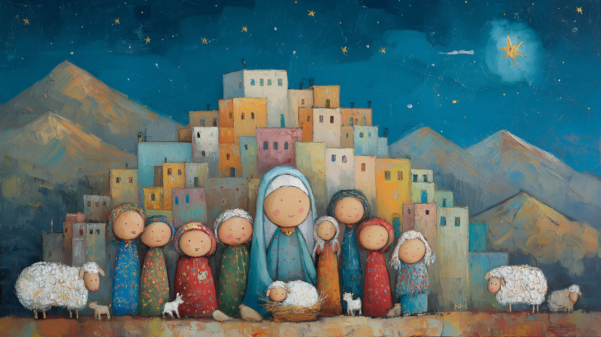 Folk Art Nativity Scene Mural Wallpaper | Stylized Figures, Colorful Townscape, Naive Style