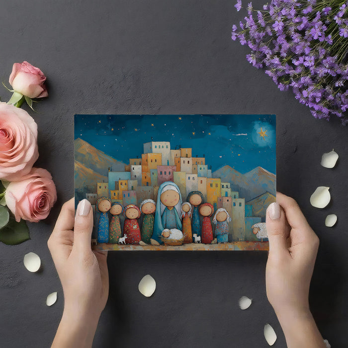 Folk Art Nativity Scene Mural Wallpaper | Stylized Figures, Colorful Townscape, Naive Style