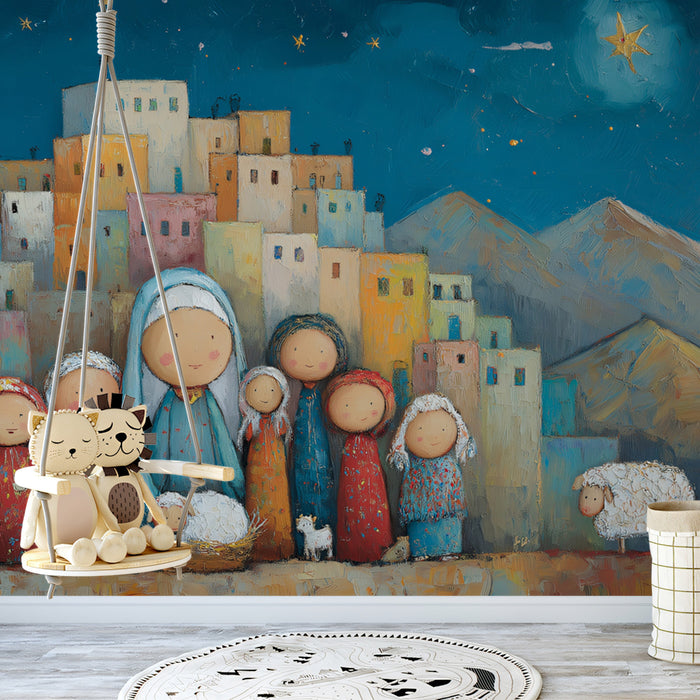 Folk Art Nativity Scene Mural Wallpaper | Stylized Figures, Colorful Townscape, Naive Style
