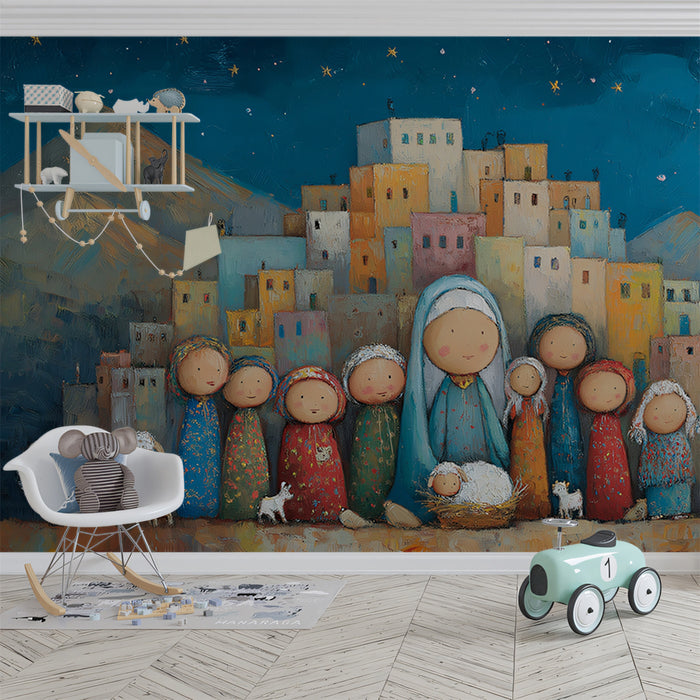Folk Art Nativity Scene Mural Wallpaper | Stylized Figures, Colorful Townscape, Naive Style