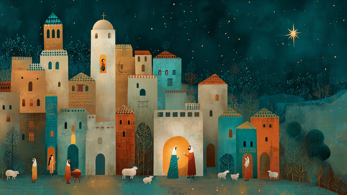 Stylized Bethlehem Night Mural Wallpaper | Medieval Townscape, Starry Night, Warm Entry Scene