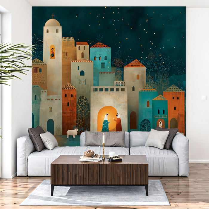 Stylized Bethlehem Night Mural Wallpaper | Medieval Townscape, Starry Night, Warm Entry Scene