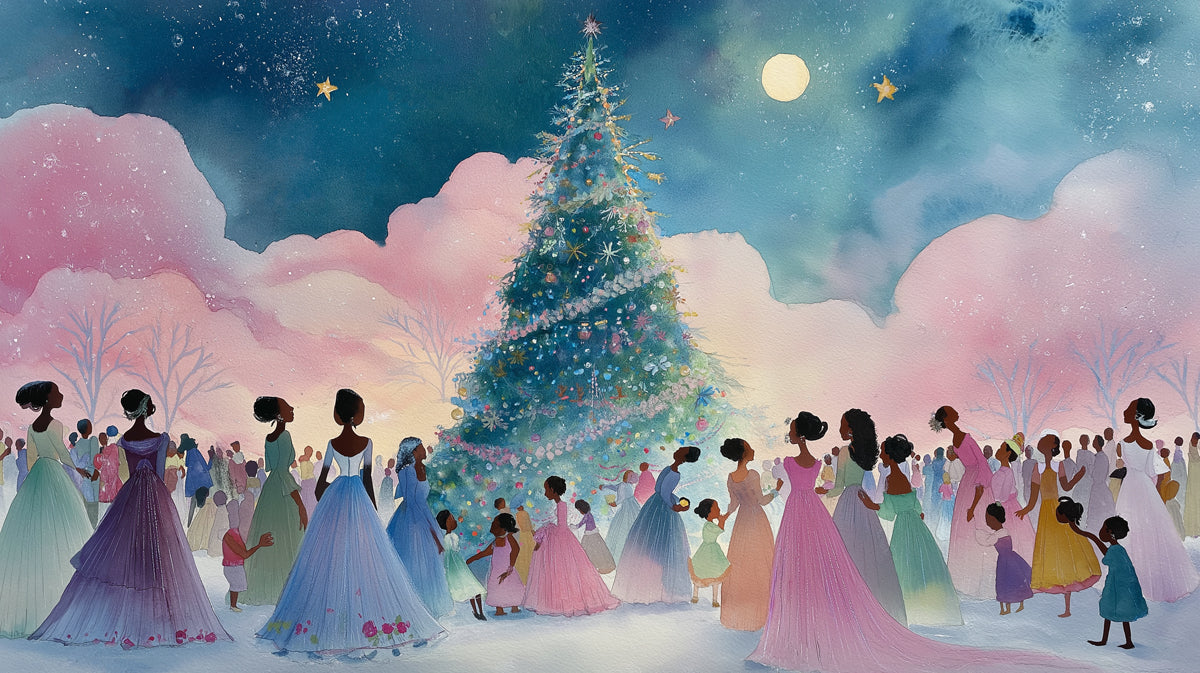 Watercolor Christmas Ball Scene Mural Wallpaper | Pink and Blue Hues, Elegant Figures, Dreamlike Snowscape