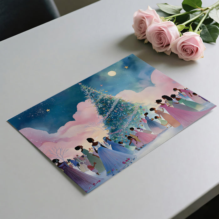 Watercolor Christmas Ball Scene Mural Wallpaper | Pink and Blue Hues, Elegant Figures, Dreamlike Snowscape