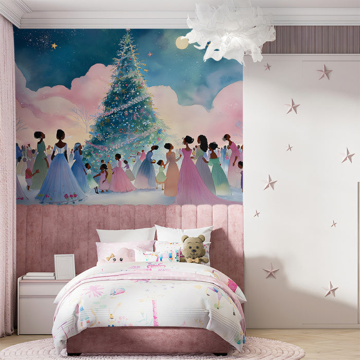 Watercolor Christmas Ball Scene Mural Wallpaper | Pink and Blue Hues, Elegant Figures, Dreamlike Snowscape