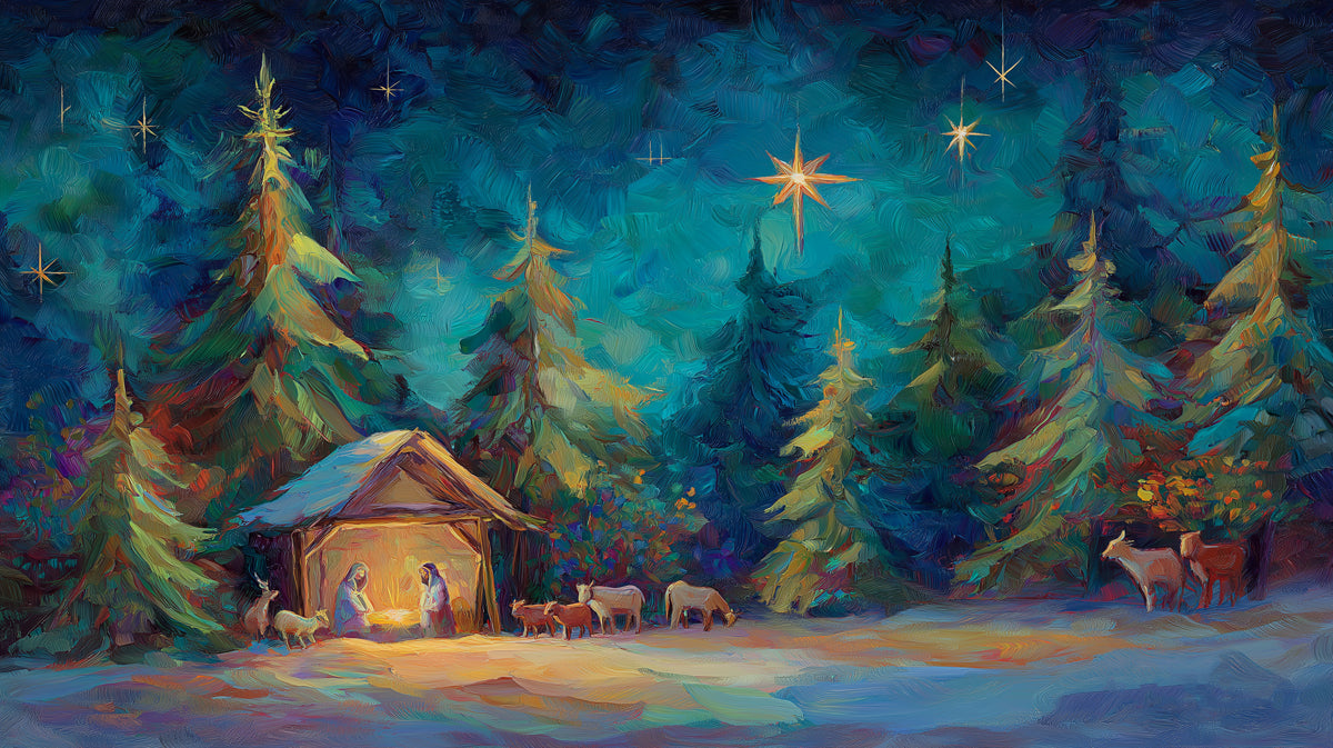 Forest Nativity Oil Painting Mural Wallpaper | Evergreen Trees, Deep Blue Night, Expressive Brushwork