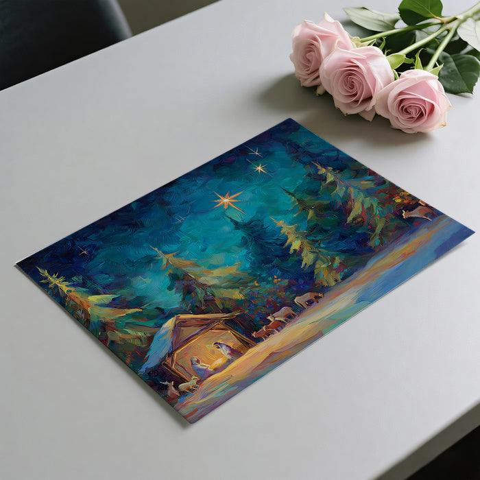 Forest Nativity Oil Painting Mural Wallpaper | Evergreen Trees, Deep Blue Night, Expressive Brushwork