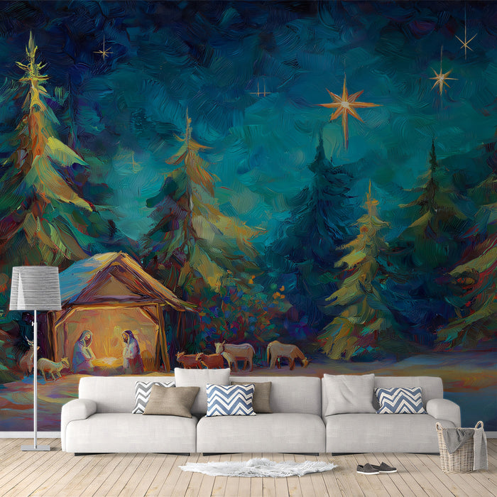 Forest Nativity Oil Painting Mural Wallpaper | Evergreen Trees, Deep Blue Night, Expressive Brushwork