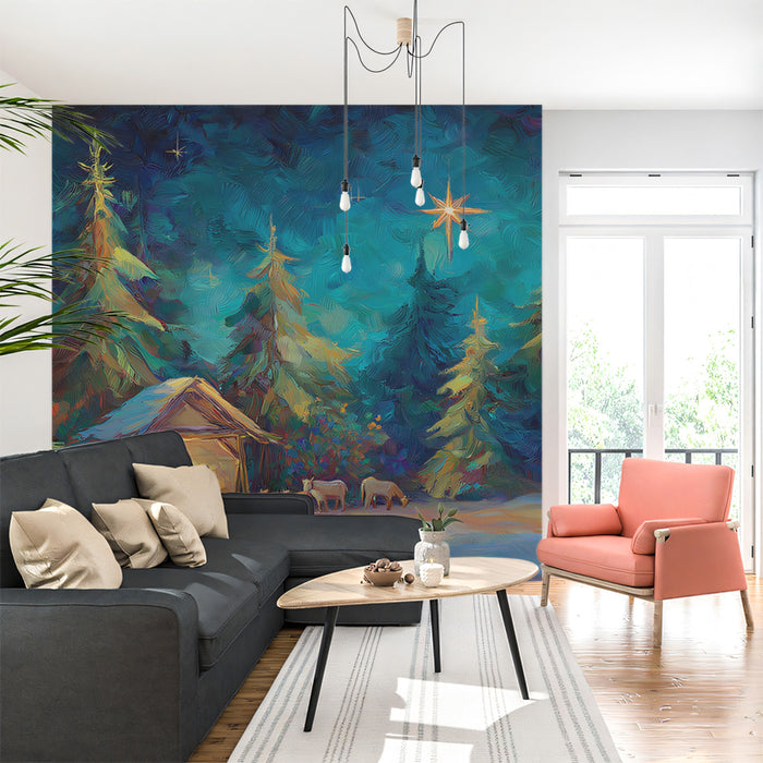 Forest Nativity Oil Painting Mural Wallpaper | Evergreen Trees, Deep Blue Night, Expressive Brushwork