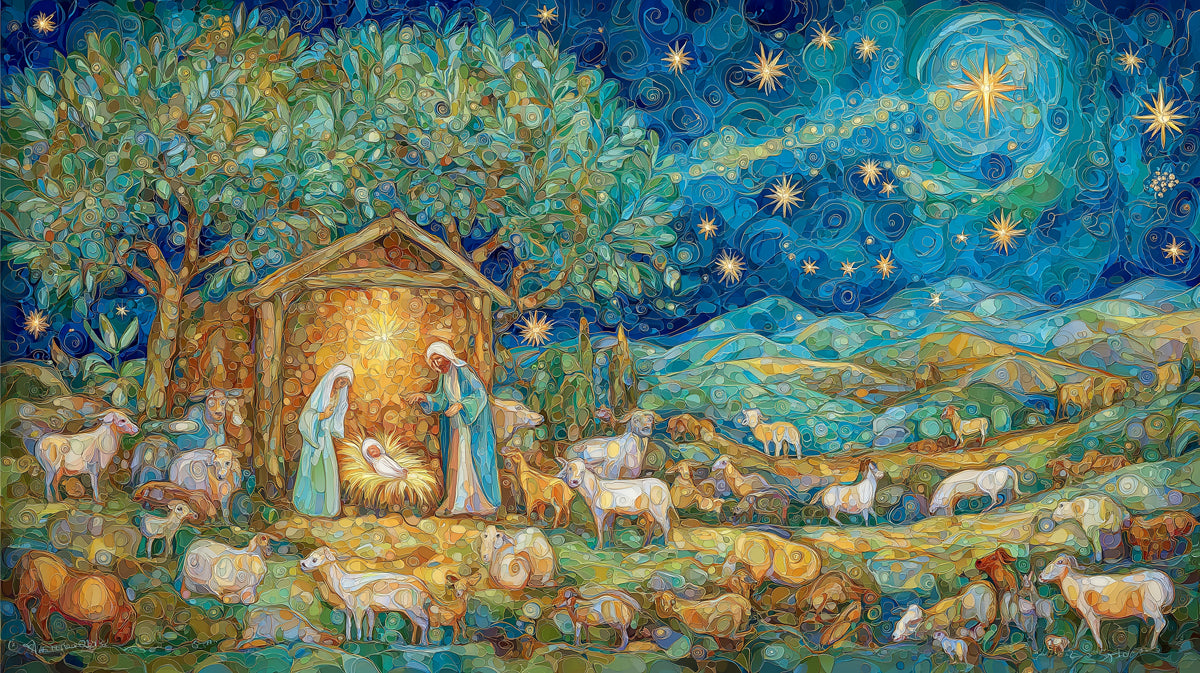 Mosaic Nativity and Starry Night Mural Wallpaper | Textured Art, Blue/Gold Color Palette, Lush Landscape