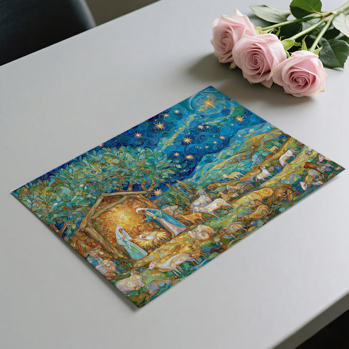 Mosaic Nativity and Starry Night Mural Wallpaper | Textured Art, Blue/Gold Color Palette, Lush Landscape