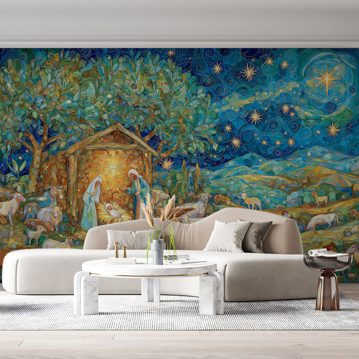 Mosaic Nativity and Starry Night Mural Wallpaper | Textured Art, Blue/Gold Color Palette, Lush Landscape