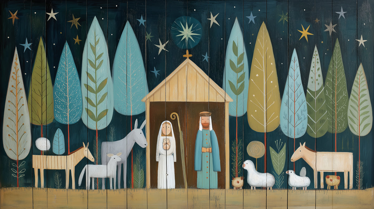 Mid-Century Modern Nativity Mural Wallpaper | Stylized Trees, Geometric Figures, Teal and White Palette
