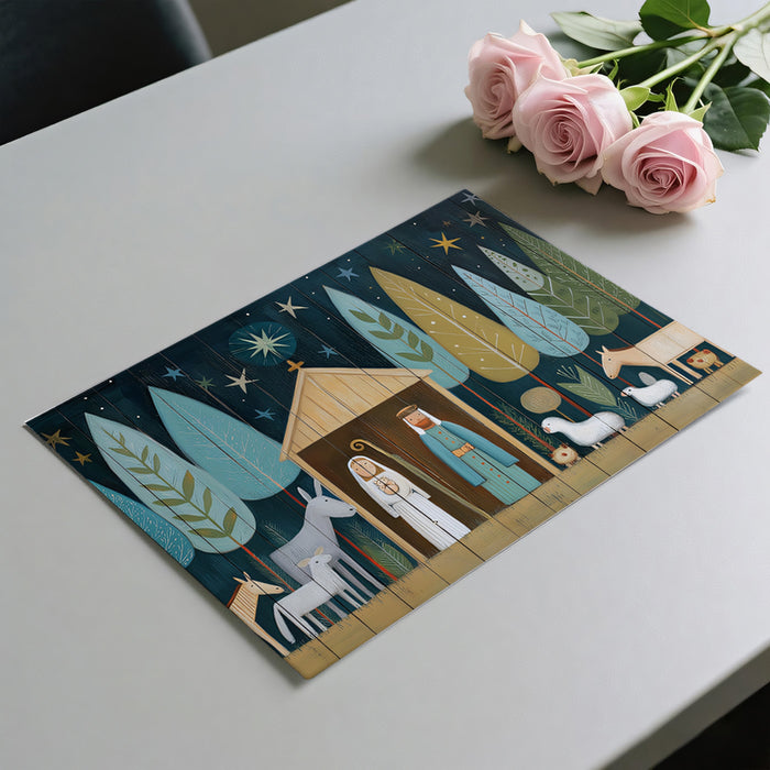 Mid-Century Modern Nativity Mural Wallpaper | Stylized Trees, Geometric Figures, Teal and White Palette
