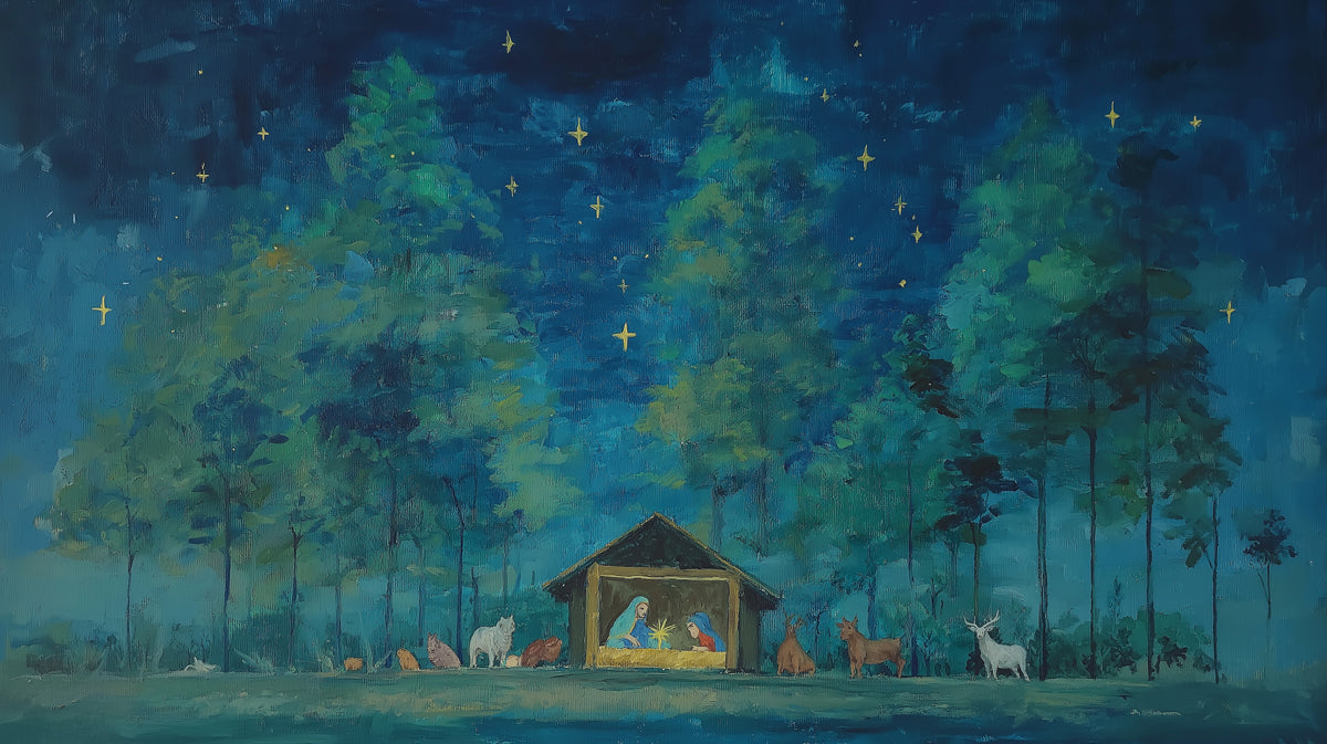 Forest Nativity Oil Sketch Mural Wallpaper | Impressionistic Trees, Deep Blue Night, Romantic Glow