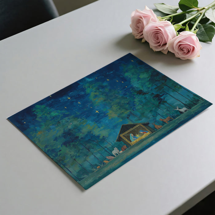 Forest Nativity Oil Sketch Mural Wallpaper | Impressionistic Trees, Deep Blue Night, Romantic Glow