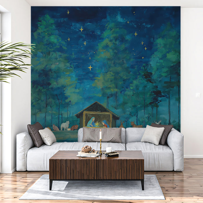 Forest Nativity Oil Sketch Mural Wallpaper | Impressionistic Trees, Deep Blue Night, Romantic Glow