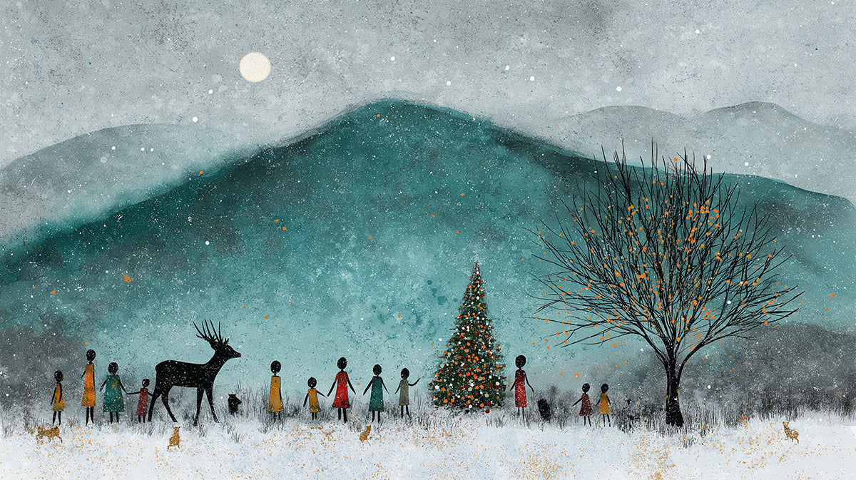 Minimalist Winter Celebration Mural Wallpaper | Teal Mountain Landscape, Stylized Figures, Dark Silhouettes