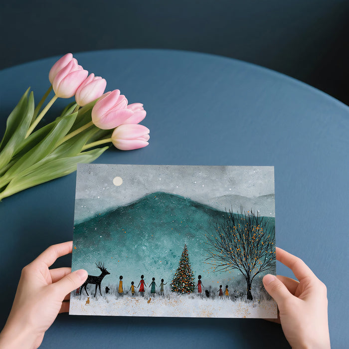 Minimalist Winter Celebration Mural Wallpaper | Teal Mountain Landscape, Stylized Figures, Dark Silhouettes