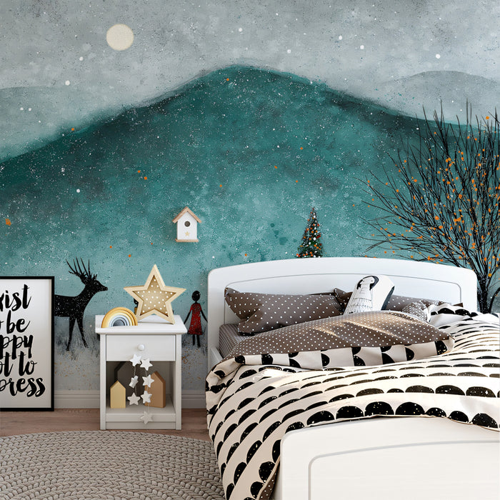 Minimalist Winter Celebration Mural Wallpaper | Teal Mountain Landscape, Stylized Figures, Dark Silhouettes