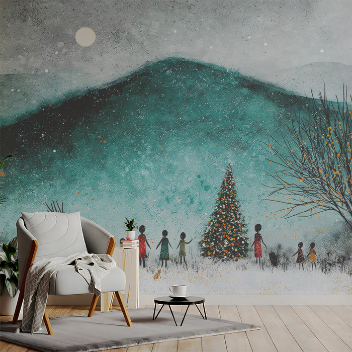 Minimalist Winter Celebration Mural Wallpaper | Teal Mountain Landscape, Stylized Figures, Dark Silhouettes