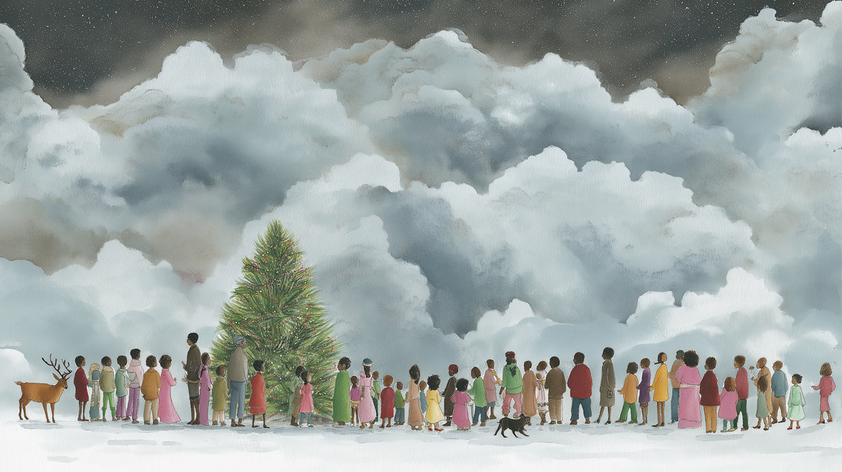 Snowy Christmas Gathering Mural Wallpaper | Figurative Art, Huge Clouds, Warm Colors, Community Theme