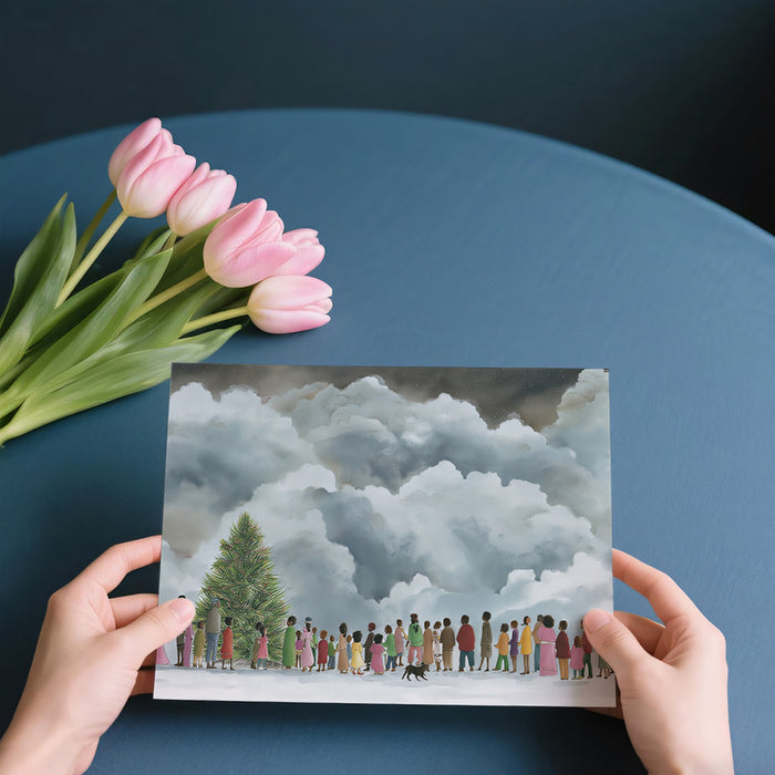 Snowy Christmas Gathering Mural Wallpaper | Figurative Art, Huge Clouds, Warm Colors, Community Theme