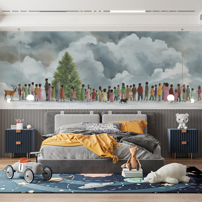 Snowy Christmas Gathering Mural Wallpaper | Figurative Art, Huge Clouds, Warm Colors, Community Theme