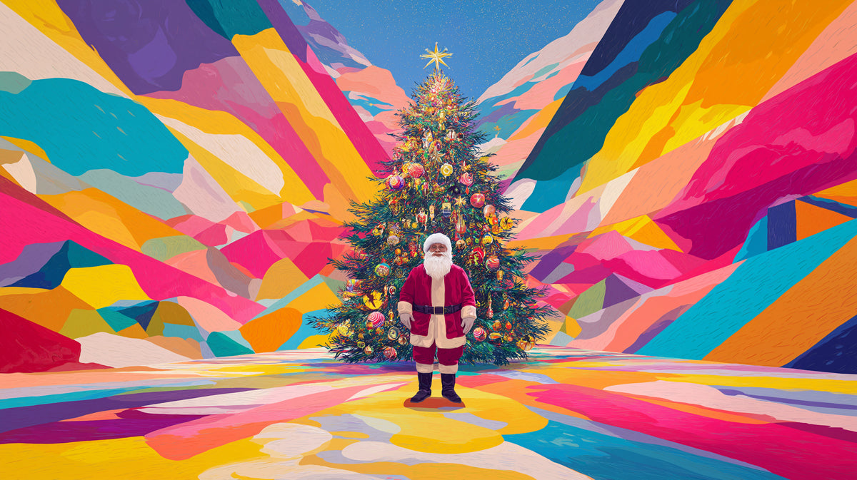 Pop Art Christmas Tree and Santa Mural Wallpaper | Maximalist Color Field, Bold Geometry, Modern Festive