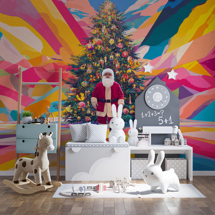Pop Art Christmas Tree and Santa Mural Wallpaper | Maximalist Color Field, Bold Geometry, Modern Festive