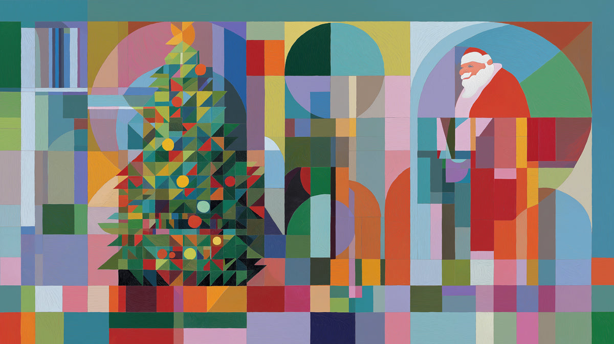 Geometric Christmas and Santa Abstract Mural Wallpaper | Mid-Century Modern Cubism, Color Block, Graphic