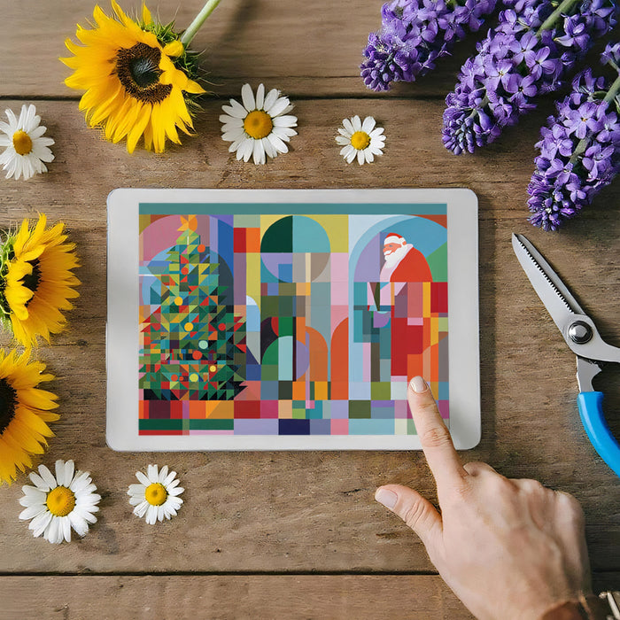 Geometric Christmas and Santa Abstract Mural Wallpaper | Mid-Century Modern Cubism, Color Block, Graphic