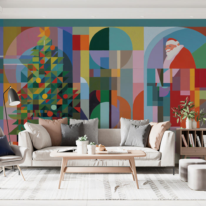 Geometric Christmas and Santa Abstract Mural Wallpaper | Mid-Century Modern Cubism, Color Block, Graphic