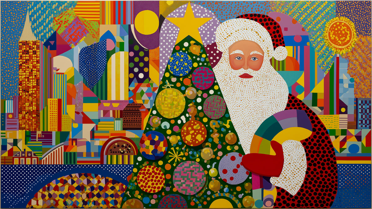 Pop Art Santa and Cityscape Mural Wallpaper | Maximalist Color Blocks, New York Style, Graphic Christmas
