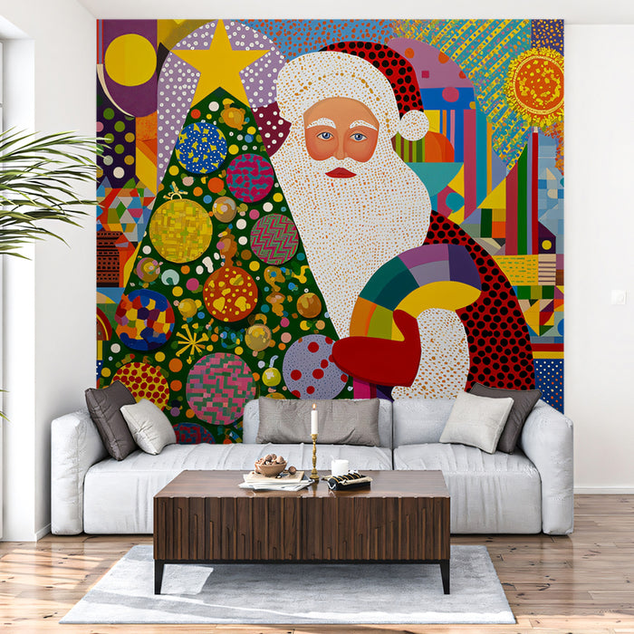 Pop Art Santa and Cityscape Mural Wallpaper | Maximalist Color Blocks, New York Style, Graphic Christmas