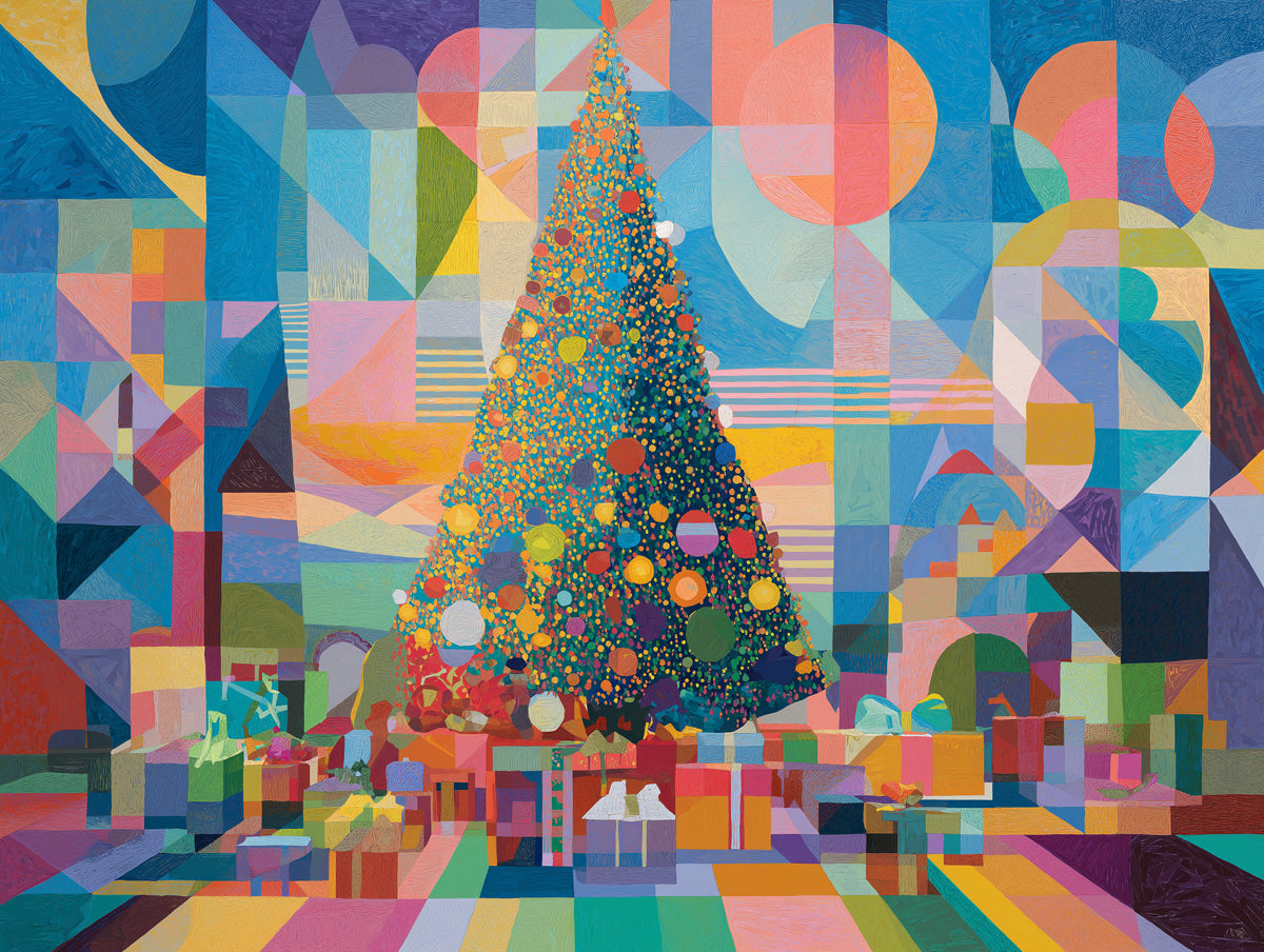 Abstract Geometric Christmas Tree Mural Wallpaper | Color Field Cubism, Intense Primary Palette, Festive Art