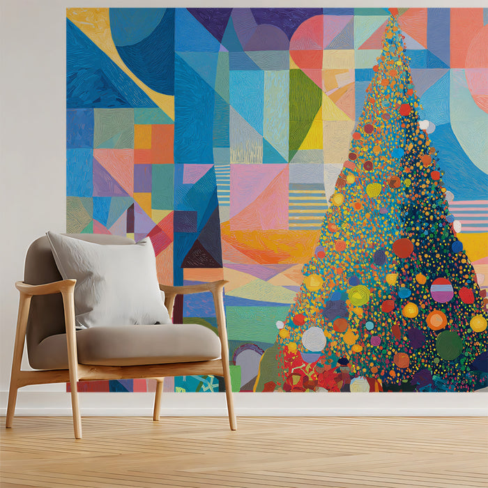 Abstract Geometric Christmas Tree Mural Wallpaper | Color Field Cubism, Intense Primary Palette, Festive Art