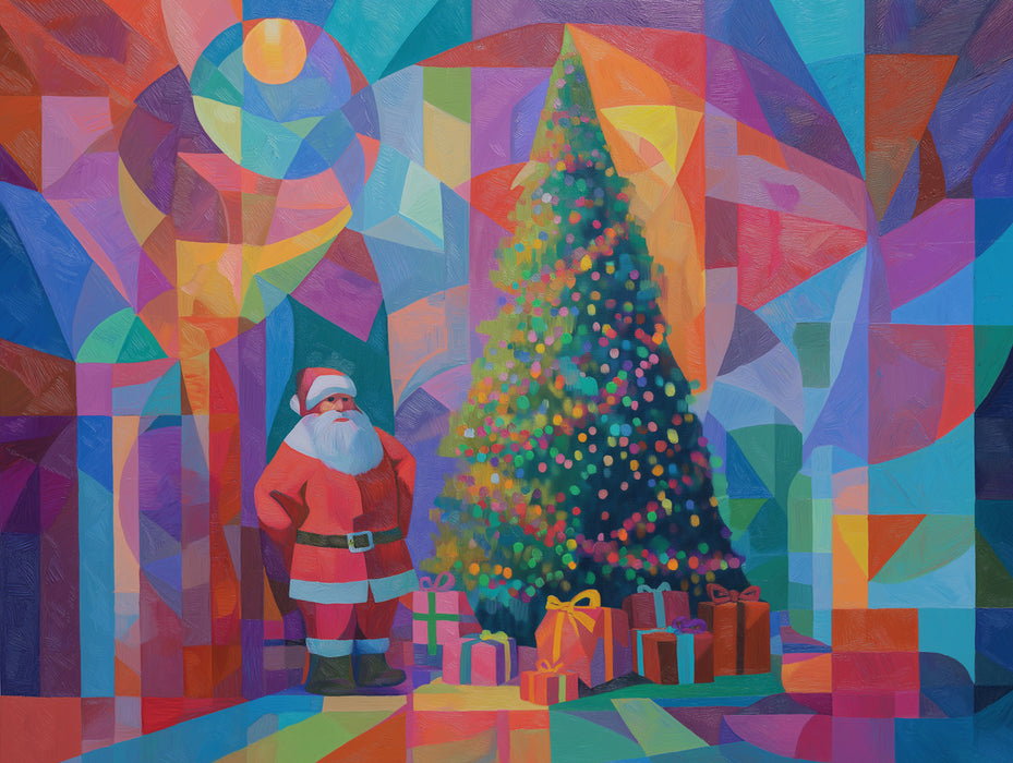 Cubist Santa and Christmas Tree Mural Wallpaper | Textured Painting, Warm and Cool Color Blocks, Dramatic