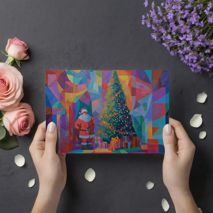 Cubist Santa and Christmas Tree Mural Wallpaper | Textured Painting, Warm and Cool Color Blocks, Dramatic