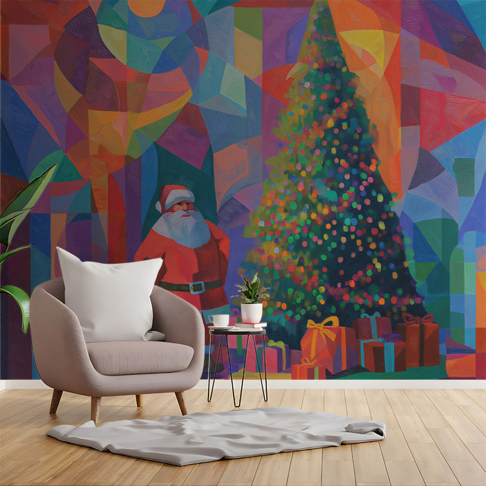 Cubist Santa and Christmas Tree Mural Wallpaper | Textured Painting, Warm and Cool Color Blocks, Dramatic