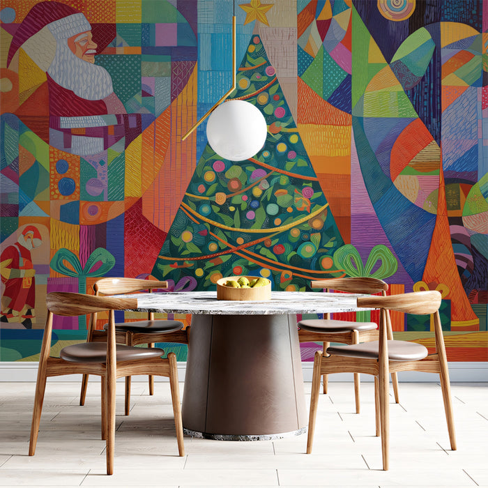 Textured Geometric Christmas Tableau Mural Wallpaper | Kaleidoscope of Color, Patterned Abstract Art