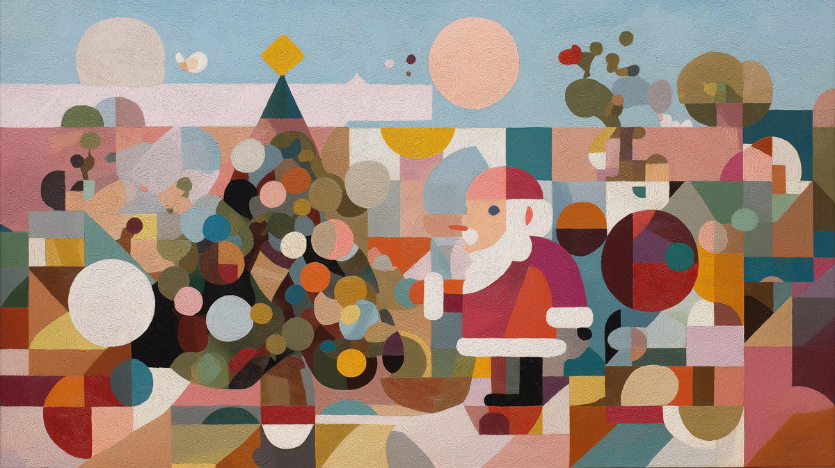 Abstract Santa and Tree Mural Wallpaper | Color Block Cubism, Pastel and Earthy Hues, Minimalist Festive