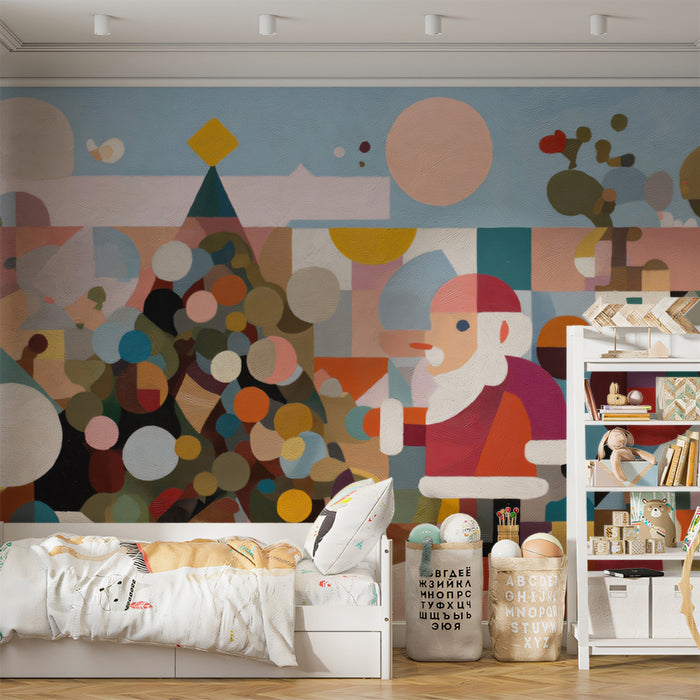 Abstract Santa and Tree Mural Wallpaper | Color Block Cubism, Pastel and Earthy Hues, Minimalist Festive