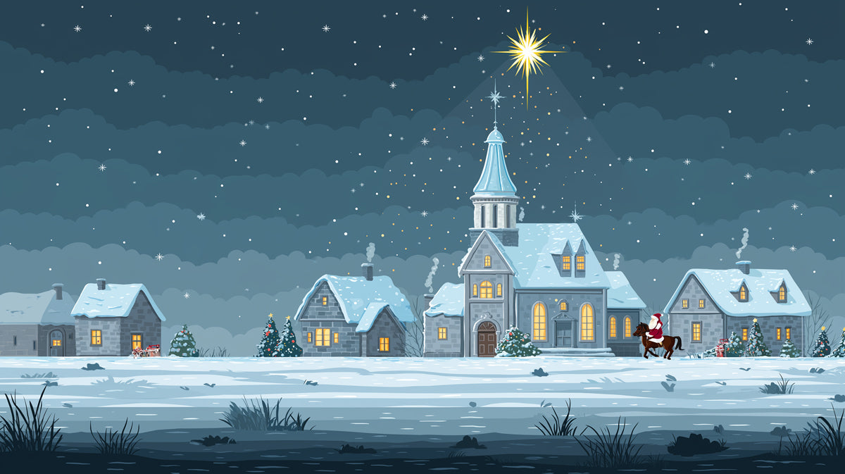 Classic Snowy Village Night Mural Wallpaper | Vector Illustration, Bethlehem Star, Blue and White Contrast