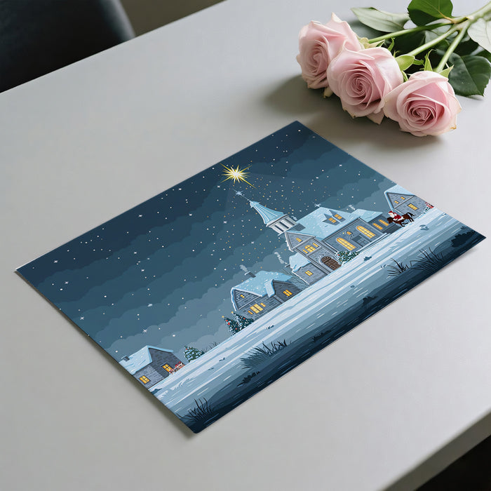 Classic Snowy Village Night Mural Wallpaper | Vector Illustration, Bethlehem Star, Blue and White Contrast