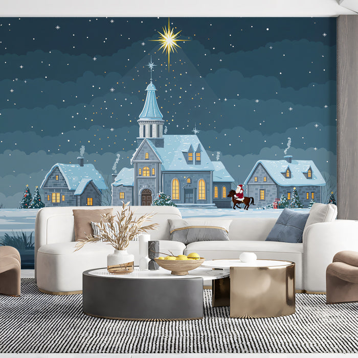 Papier peint mural « Village enneigé la nuit » — Illustration festive